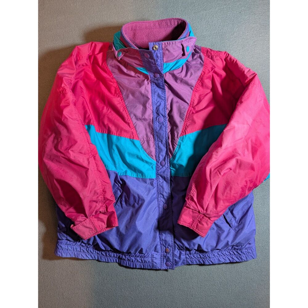 Vintage 90s Climate Zone Colorblock Ski Jacket Pink Purple Teal Hooded Womens XL